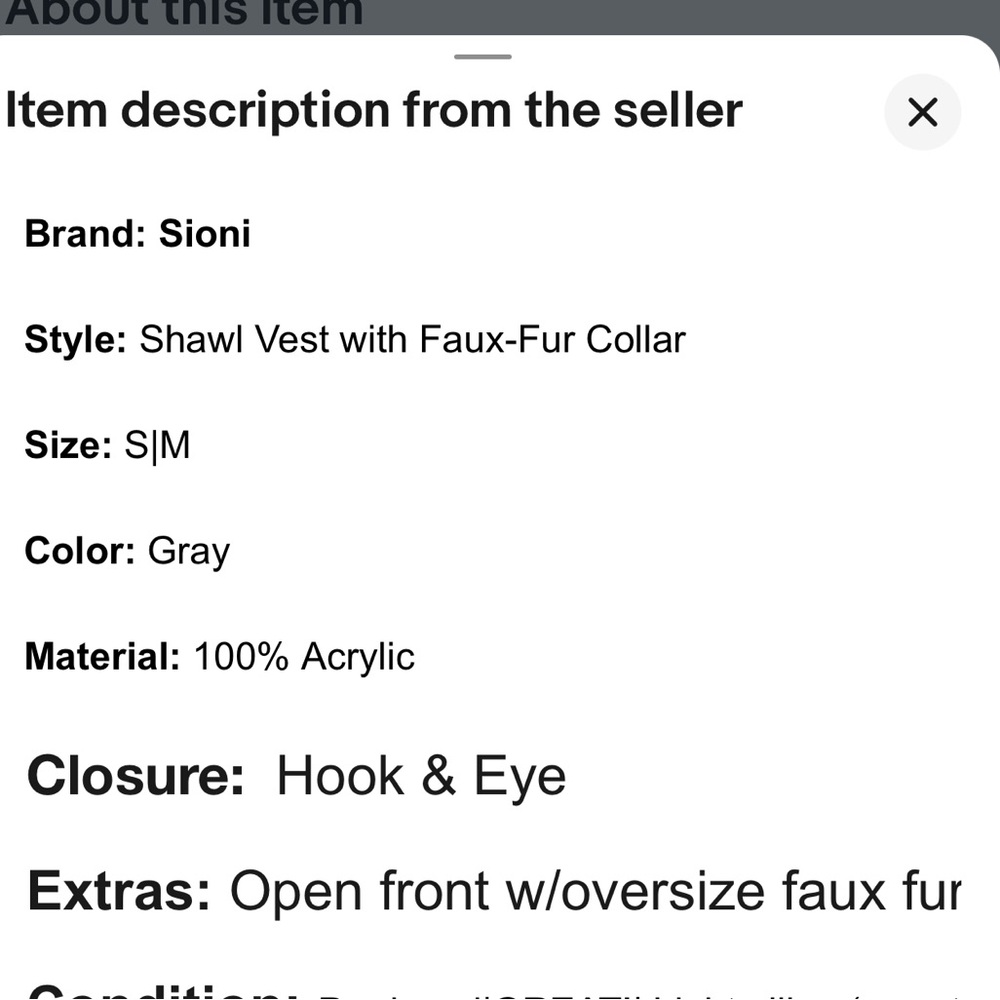 Sioni•size S/M•Shawl Vest•Faux-Fur Collar Size - Picture 8 of 8